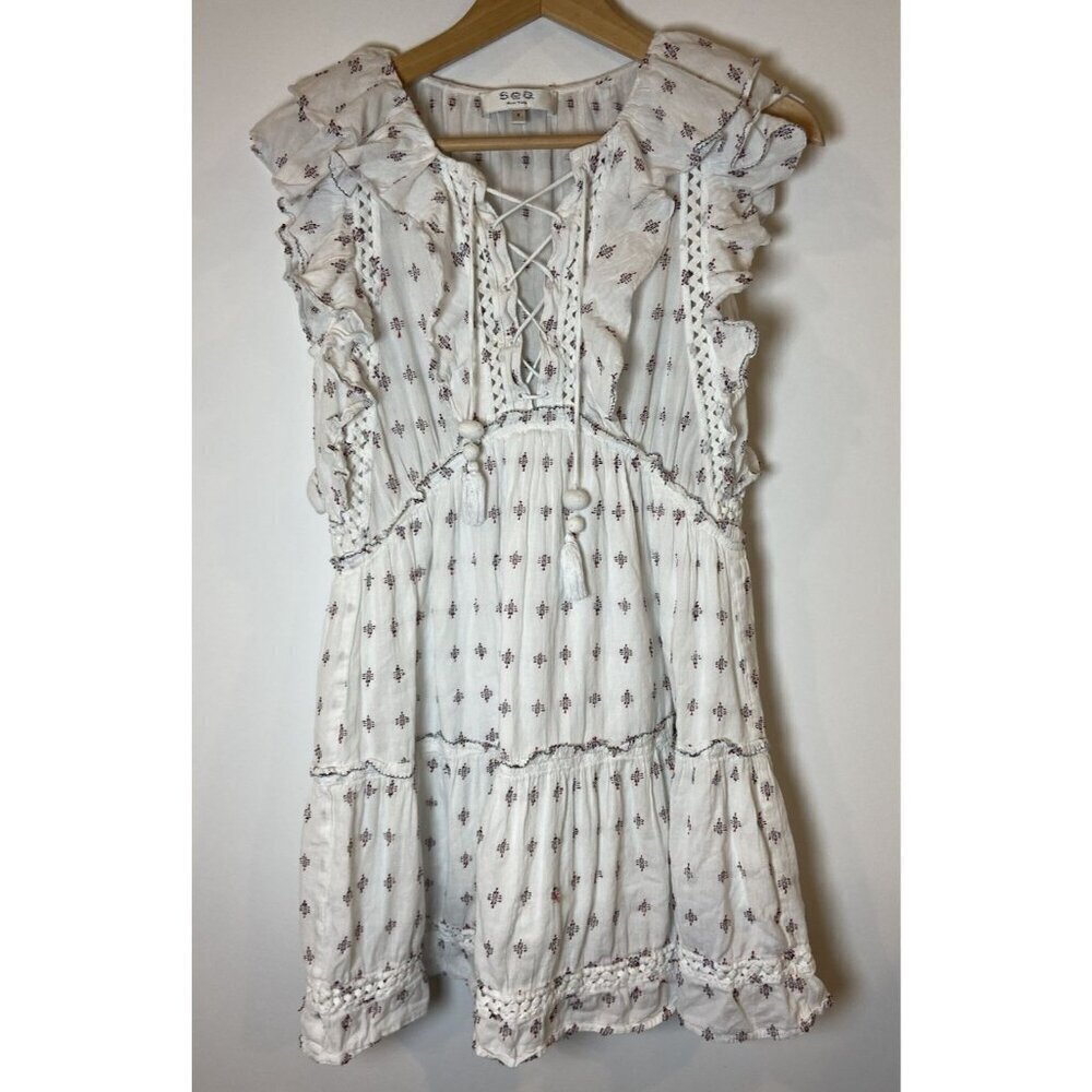 Sea New York Dress Fit Flare Flutter Sleeve Ruffle Tassle White Red Navy 4